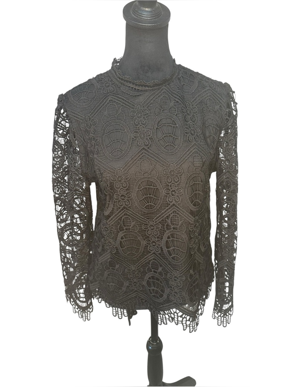 Ultra Pink Black Lace Long Sleeve Blouse Top Women's Size Medium Mock Neck Lined